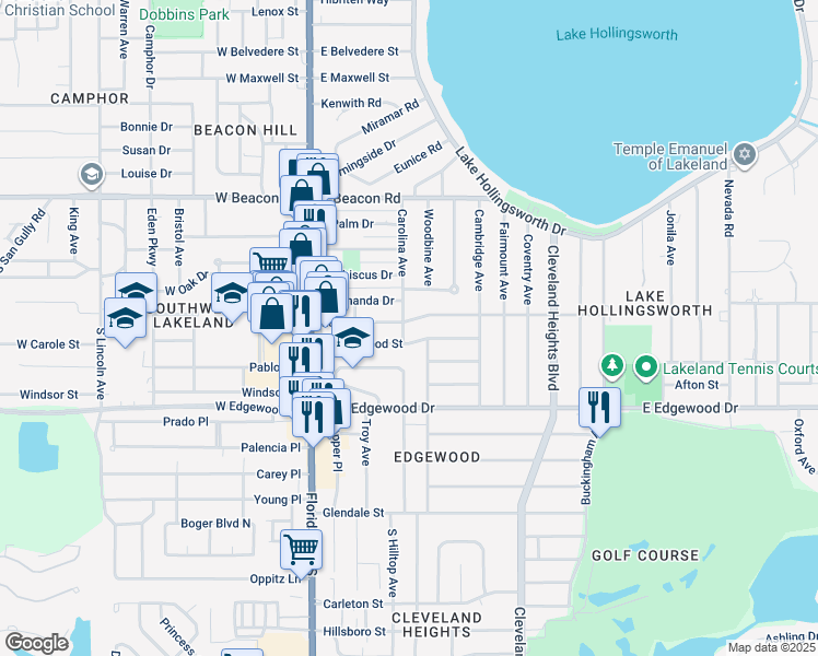 map of restaurants, bars, coffee shops, grocery stores, and more near 403 Easton Drive in Lakeland