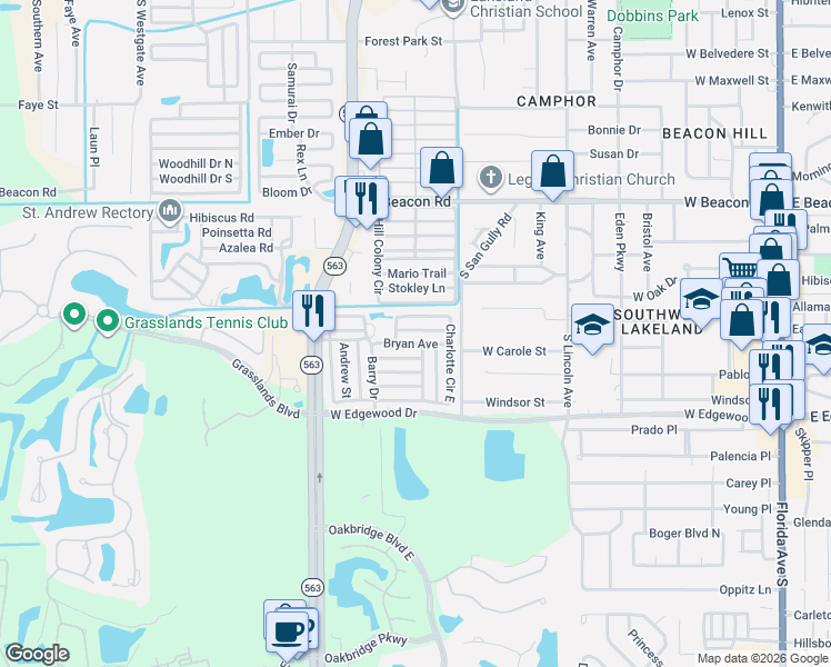 map of restaurants, bars, coffee shops, grocery stores, and more near Angie Ave in Lakeland
