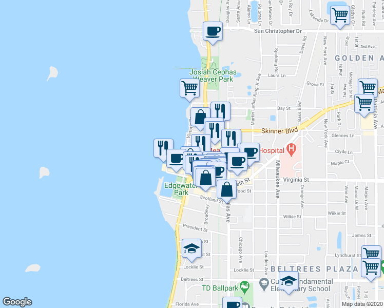 map of restaurants, bars, coffee shops, grocery stores, and more near 915 Victoria Drive in Dunedin