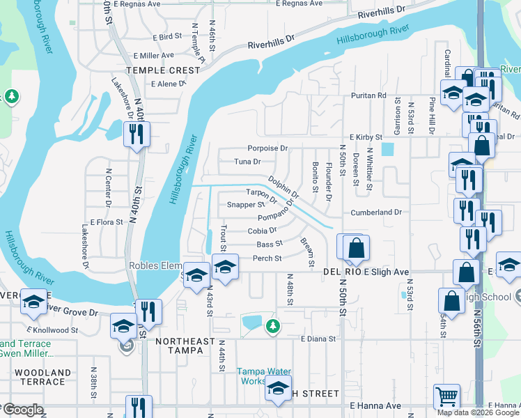 map of restaurants, bars, coffee shops, grocery stores, and more near 4421 Snapper Street in Tampa