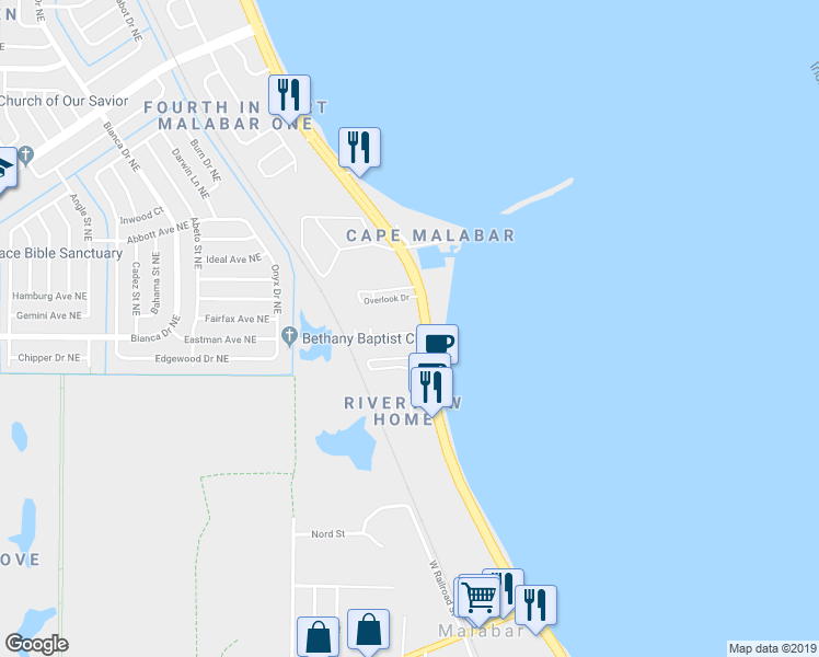 map of restaurants, bars, coffee shops, grocery stores, and more near 4316 Overlook Drive in Palm Bay