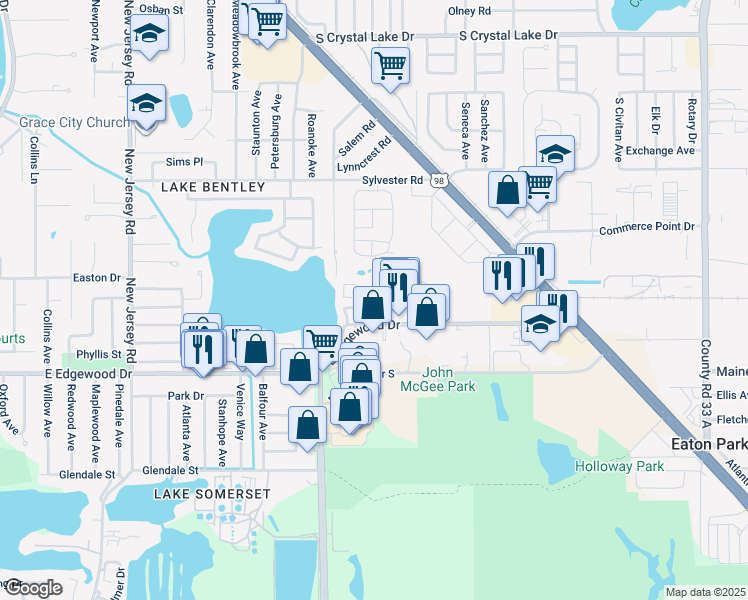 map of restaurants, bars, coffee shops, grocery stores, and more near 2020 East Edgewood Drive in Lakeland