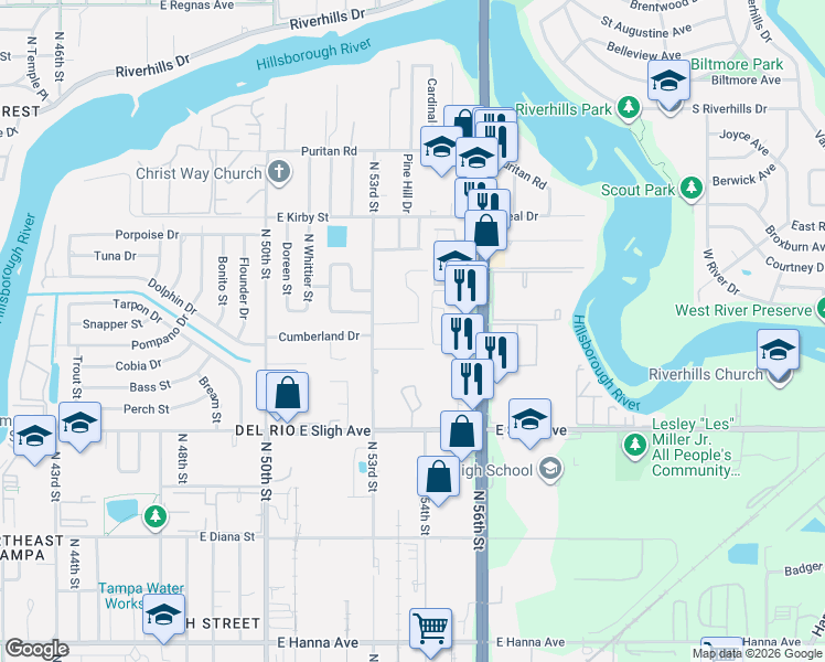 map of restaurants, bars, coffee shops, grocery stores, and more near 5311 Roberta Lane in Tampa