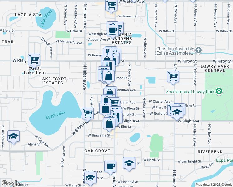 map of restaurants, bars, coffee shops, grocery stores, and more near 2307 West Crawford Street in Tampa