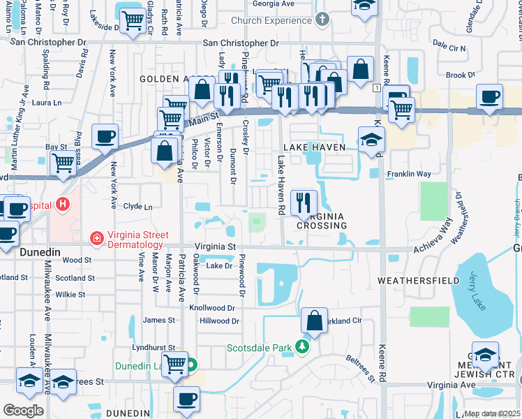 map of restaurants, bars, coffee shops, grocery stores, and more near 1089 Loch Haven Drive South in Dunedin