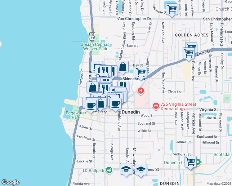 map of restaurants, bars, coffee shops, grocery stores, and more near 432 Highland Court in Dunedin