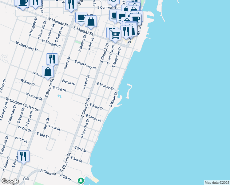 map of restaurants, bars, coffee shops, grocery stores, and more near 1002 South Water Street in Rockport