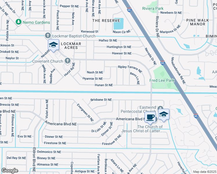 map of restaurants, bars, coffee shops, grocery stores, and more near 768 Hunan Street Northeast in Palm Bay