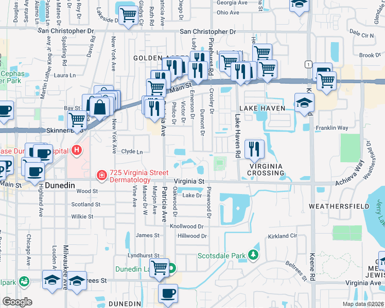 map of restaurants, bars, coffee shops, grocery stores, and more near 1153 Stewart Drive in Dunedin