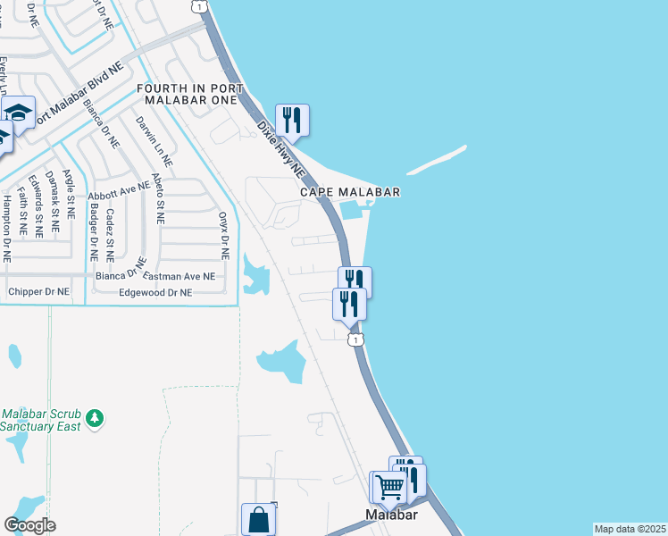 map of restaurants, bars, coffee shops, grocery stores, and more near 4818 Overlook Drive in Palm Bay