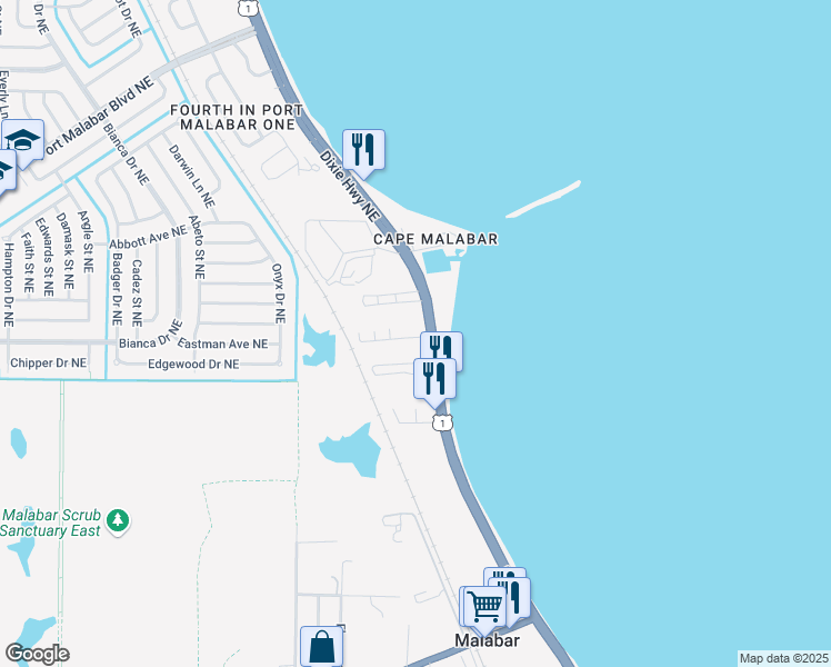 map of restaurants, bars, coffee shops, grocery stores, and more near 4612 Overlook Drive in Palm Bay