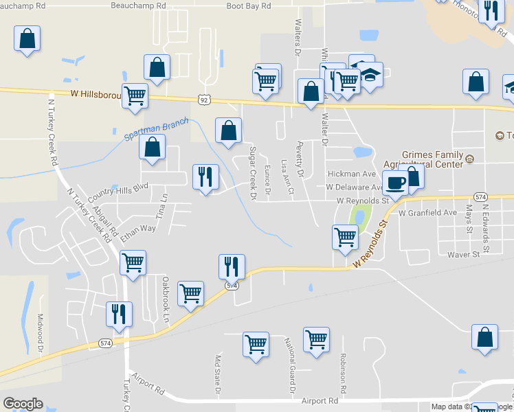 map of restaurants, bars, coffee shops, grocery stores, and more near 3709 Reynolds Street in Plant City
