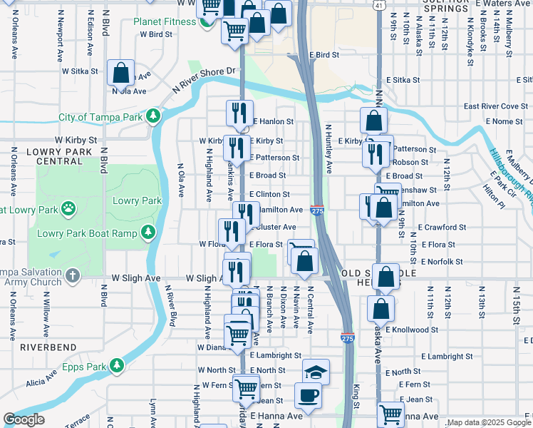 map of restaurants, bars, coffee shops, grocery stores, and more near 211 East Hamilton Avenue in Tampa