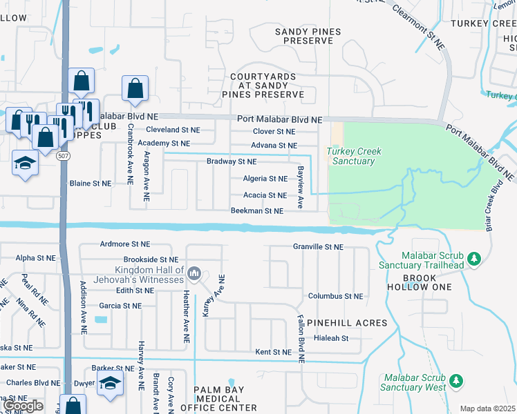map of restaurants, bars, coffee shops, grocery stores, and more near 2097 Beekman Street Northeast in Palm Bay