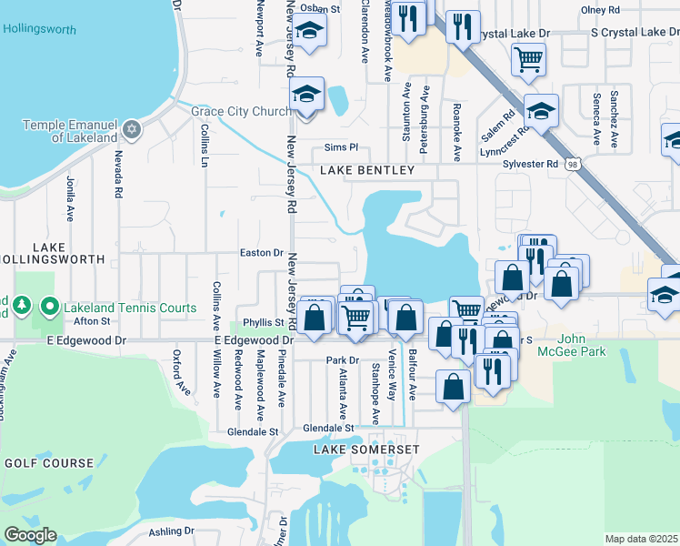 map of restaurants, bars, coffee shops, grocery stores, and more near 2529 Atlanta Avenue in Lakeland