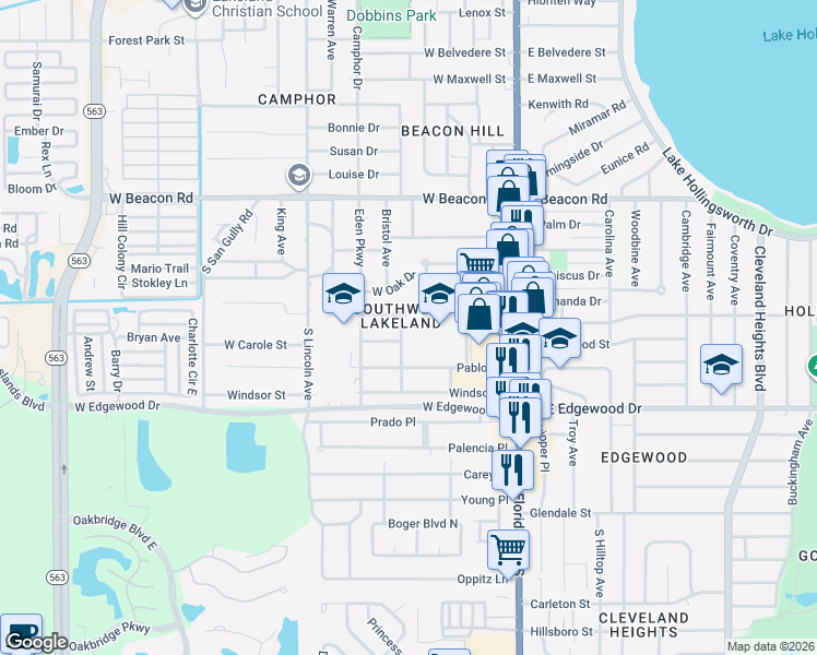 map of restaurants, bars, coffee shops, grocery stores, and more near 2608 South Palmeden Drive in Lakeland