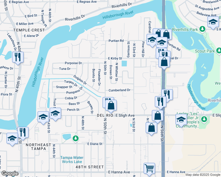 map of restaurants, bars, coffee shops, grocery stores, and more near 5004 Cumberland Drive in Tampa