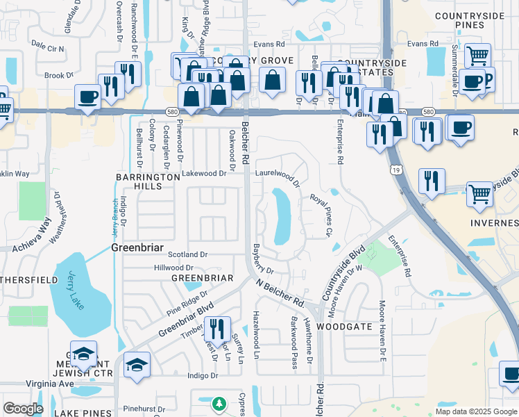 map of restaurants, bars, coffee shops, grocery stores, and more near 2573 Bayberry Drive in Clearwater