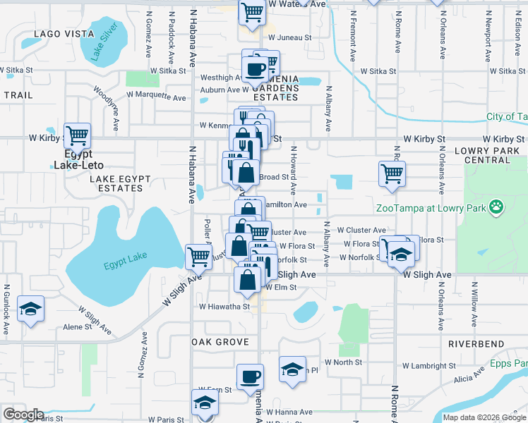 map of restaurants, bars, coffee shops, grocery stores, and more near 2307 West Crawford Street in Tampa