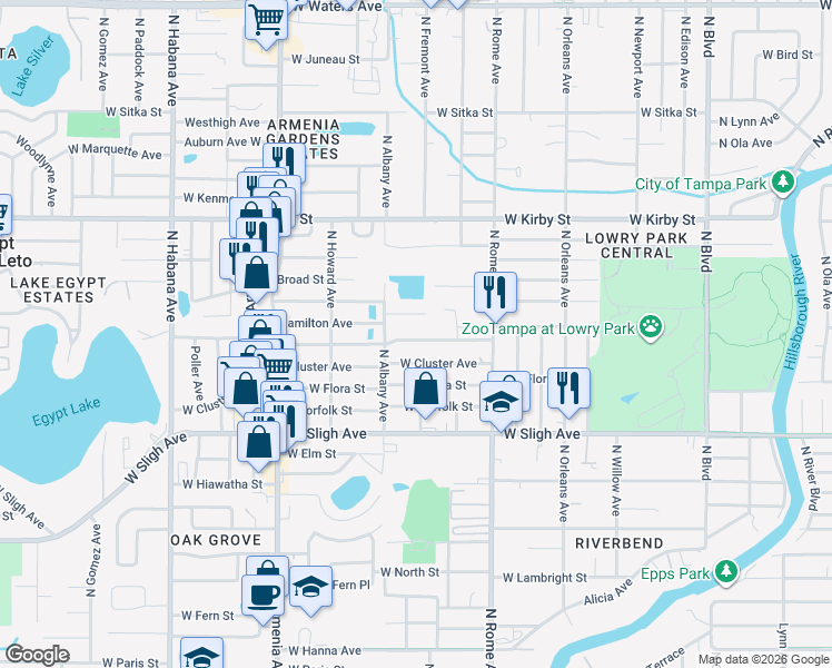 map of restaurants, bars, coffee shops, grocery stores, and more near 1901 West Crawford Street in Tampa