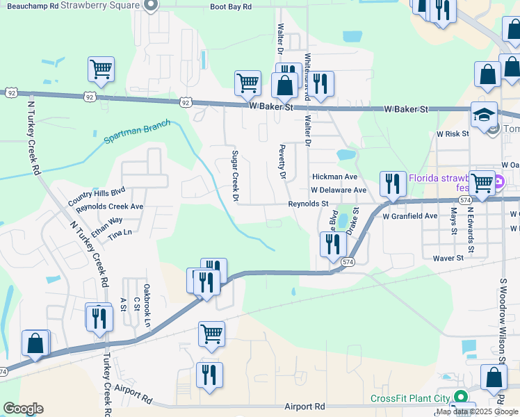 map of restaurants, bars, coffee shops, grocery stores, and more near 3613 Reynolds Street in Plant City