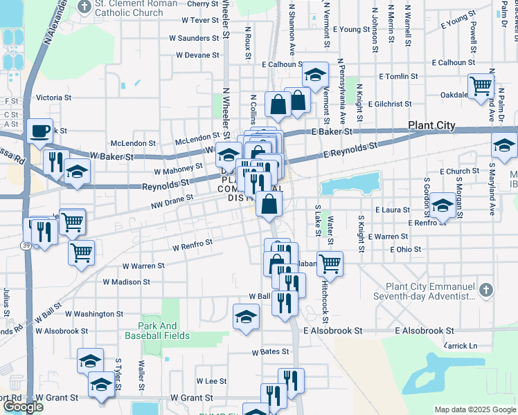 map of restaurants, bars, coffee shops, grocery stores, and more near 113 West Doctor Martin Luther King Junior Boulevard in Plant City