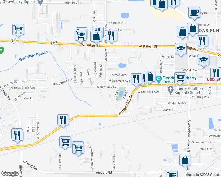 map of restaurants, bars, coffee shops, grocery stores, and more near 3401 West Reynolds Street in Plant City
