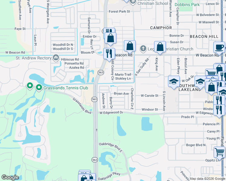 map of restaurants, bars, coffee shops, grocery stores, and more near Betty Dr in Lakeland