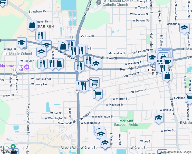 map of restaurants, bars, coffee shops, grocery stores, and more near 1209 West Granfield Avenue in Plant City