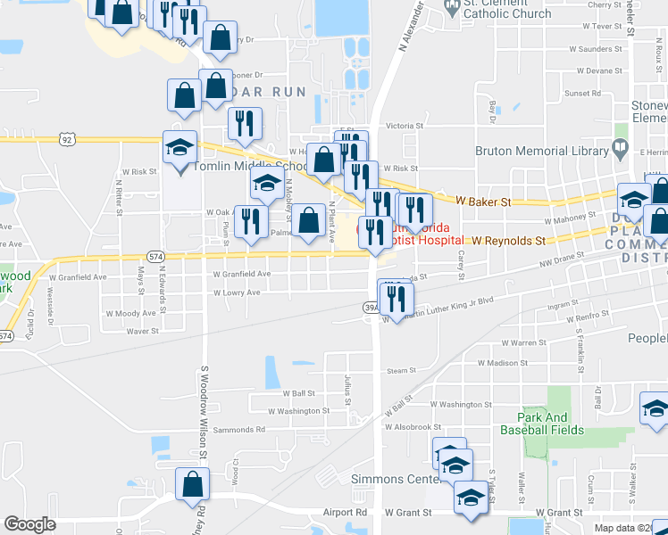map of restaurants, bars, coffee shops, grocery stores, and more near 1606 West Granfield Avenue in Plant City