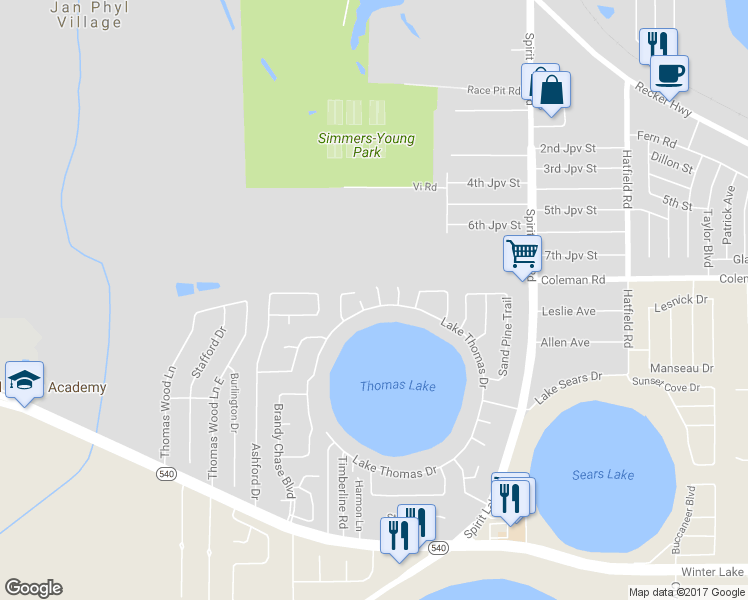 map of restaurants, bars, coffee shops, grocery stores, and more near 146 Lake Thomas Drive in Winter Haven