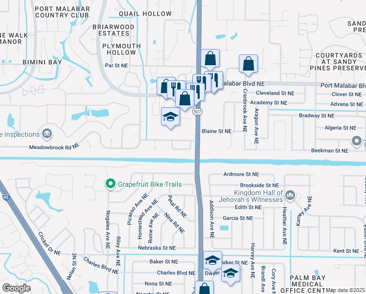 map of restaurants, bars, coffee shops, grocery stores, and more near 1649 Arcot Circle Northeast in Palm Bay