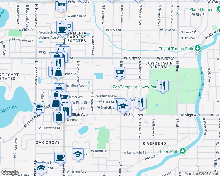 map of restaurants, bars, coffee shops, grocery stores, and more near 1801 West Crawford Street in Tampa