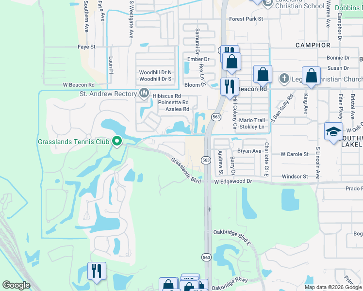 map of restaurants, bars, coffee shops, grocery stores, and more near 627 Grasslands Village Circle in Lakeland