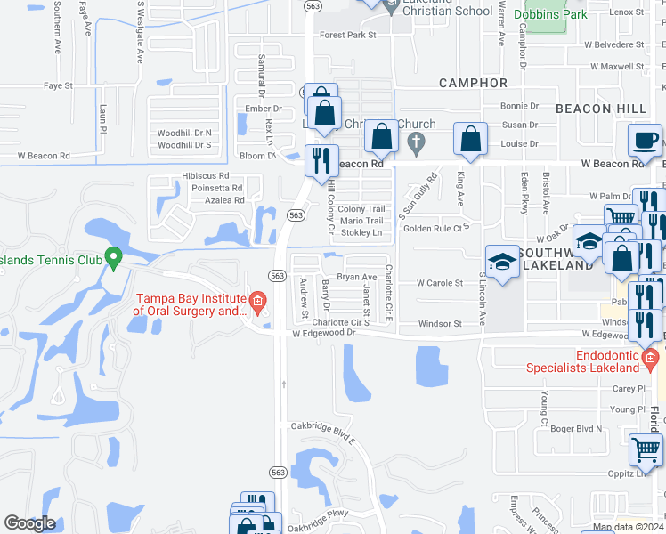 map of restaurants, bars, coffee shops, grocery stores, and more near 2600 Harden Boulevard in Lakeland