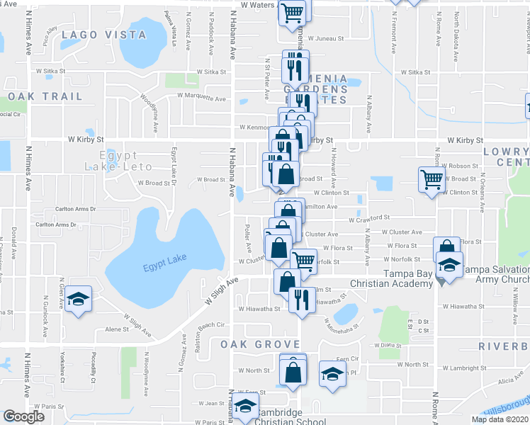 map of restaurants, bars, coffee shops, grocery stores, and more near 2509 West Hamilton Avenue in Tampa