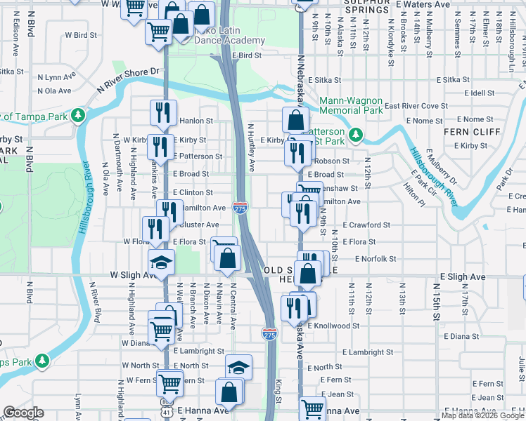 map of restaurants, bars, coffee shops, grocery stores, and more near 7211 North Taliaferro Avenue in Tampa