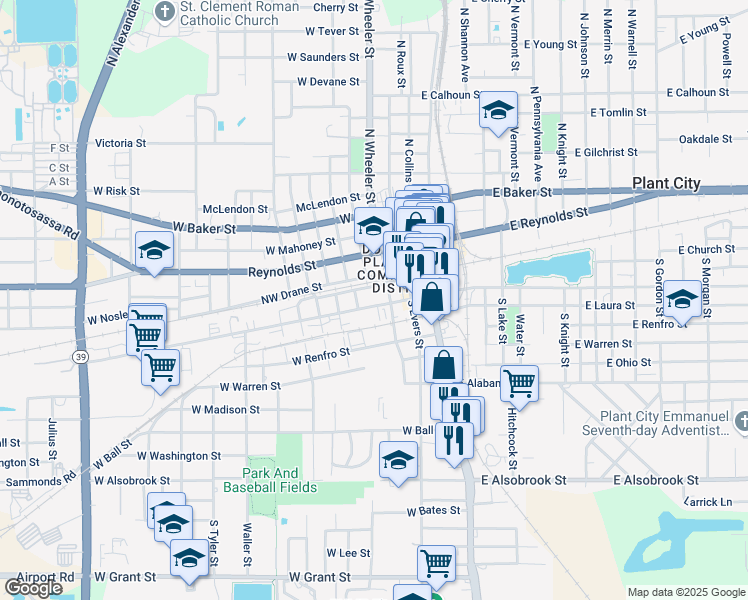 map of restaurants, bars, coffee shops, grocery stores, and more near 105 South Wheeler Street in Plant City