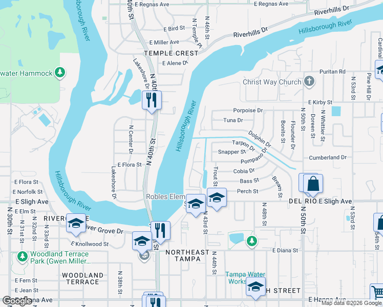 map of restaurants, bars, coffee shops, grocery stores, and more near 7352 East Bank Drive in Tampa