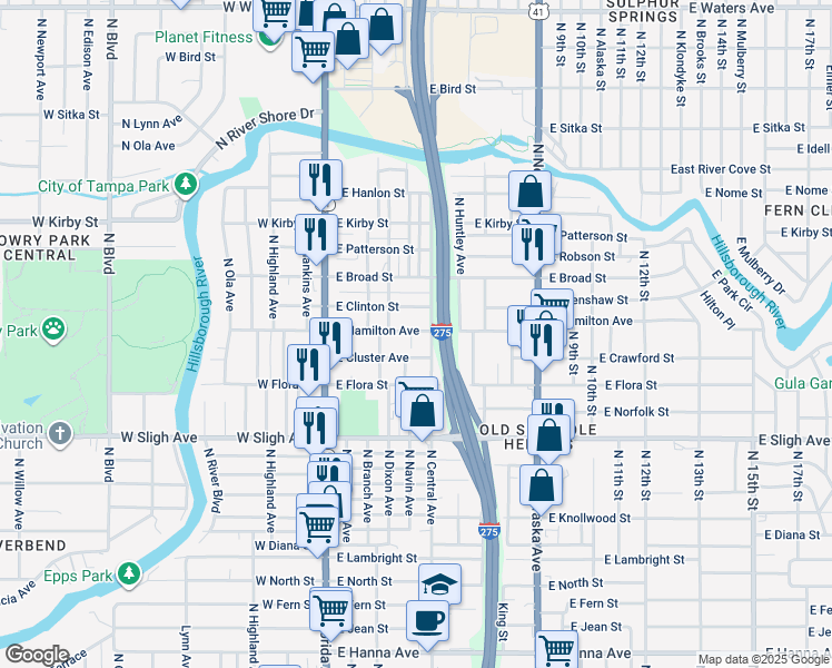 map of restaurants, bars, coffee shops, grocery stores, and more near 409 East Hamilton Avenue in Tampa