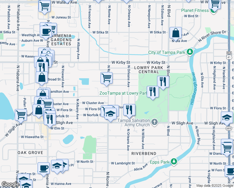 map of restaurants, bars, coffee shops, grocery stores, and more near 7020 North Oregon Avenue in Tampa