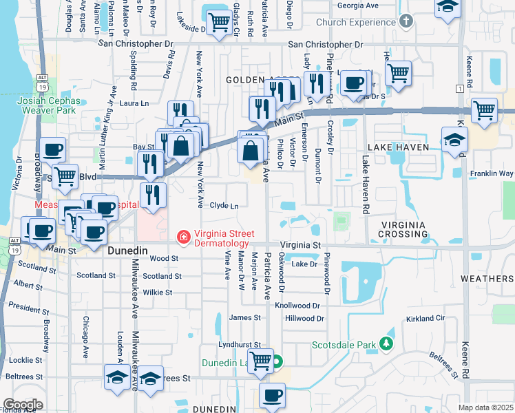 map of restaurants, bars, coffee shops, grocery stores, and more near 1009 Desoto Drive in Dunedin