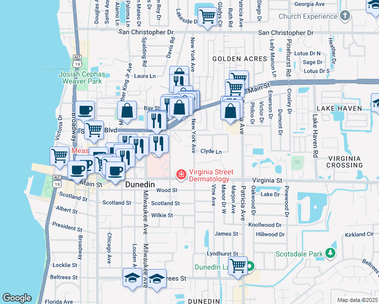map of restaurants, bars, coffee shops, grocery stores, and more near 910 New York Avenue in Dunedin