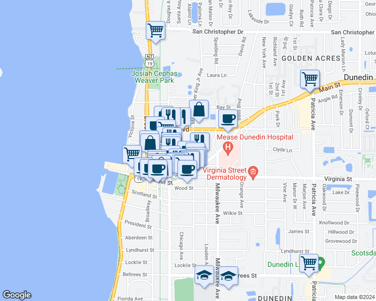 map of restaurants, bars, coffee shops, grocery stores, and more near 432 Highland Court in Dunedin