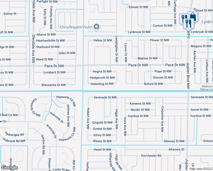 map of restaurants, bars, coffee shops, grocery stores, and more near 1274 Heberling Street Northwest in Palm Bay