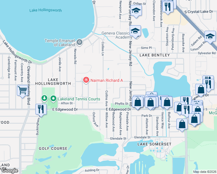 map of restaurants, bars, coffee shops, grocery stores, and more near 2626 Collins Avenue in Lakeland