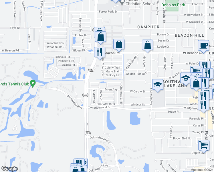 map of restaurants, bars, coffee shops, grocery stores, and more near Betty Drive in Lakeland