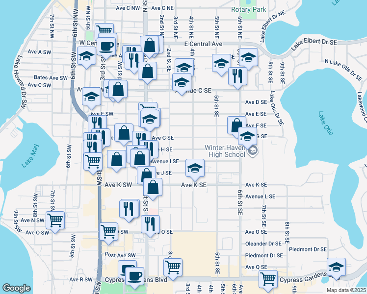 map of restaurants, bars, coffee shops, grocery stores, and more near 319 Avenue H Southeast in Winter Haven