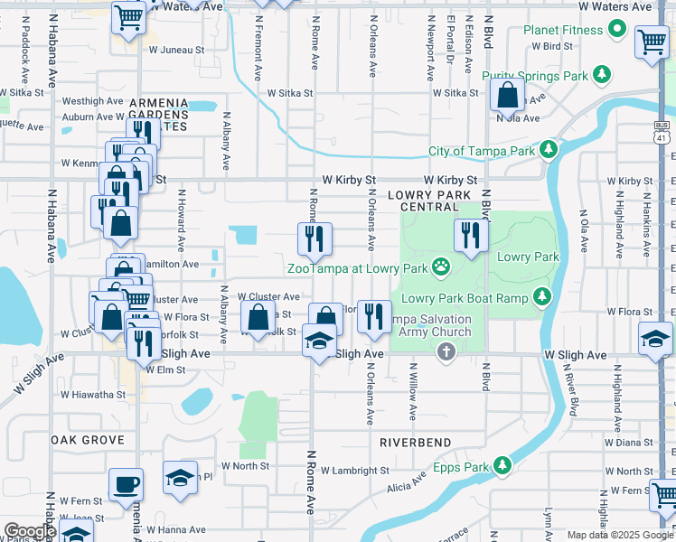 map of restaurants, bars, coffee shops, grocery stores, and more near 7020 North Oregon Avenue in Tampa
