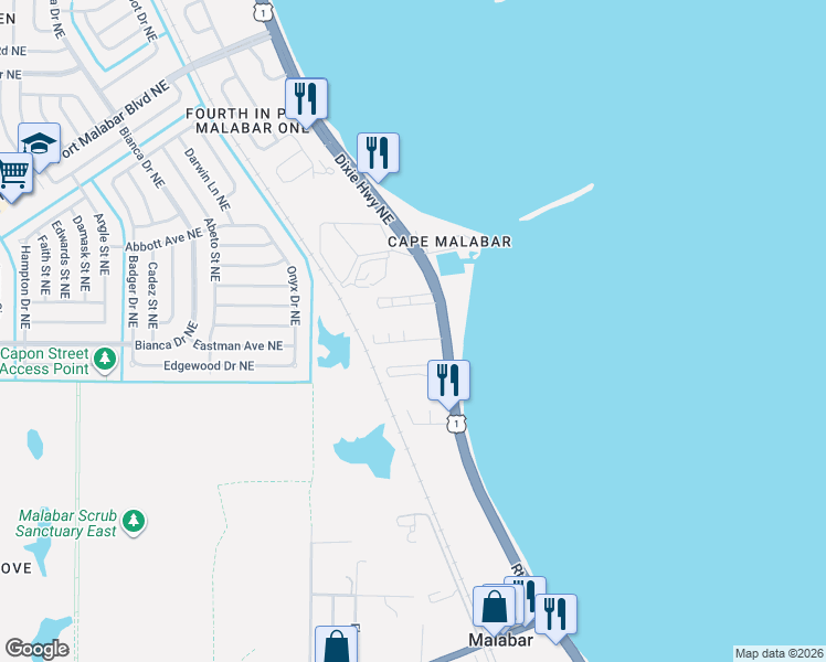 map of restaurants, bars, coffee shops, grocery stores, and more near 4112 Overlook Drive in Palm Bay